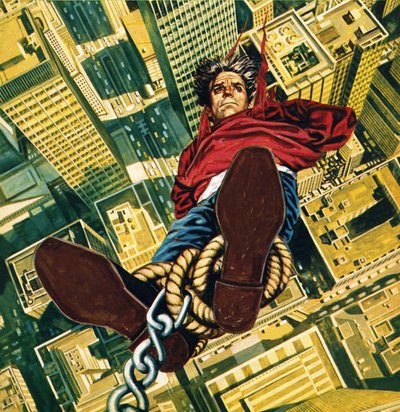 Harry Houdini hengt opp fra toppen av en skyskraper i New York av English School