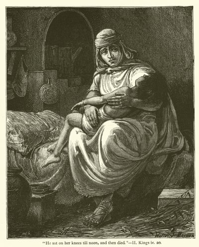"Han satt på knærne hennes til middag, og døde så", II, Kongebok, iv, 20 (gravering) av English School