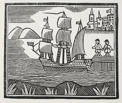 Han setter seil på sin begivenhetsrike reise, illustrasjon fra Chap-books of the Eighteenth Century av John Ashton, pub. 1882 av English School