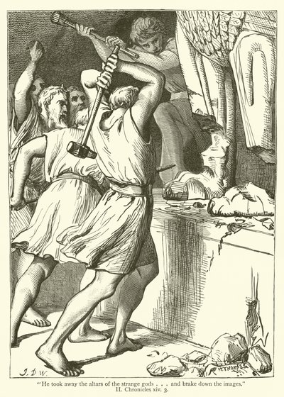 "Han tok bort alterne til de fremmede gudene ... og knuste bildene", II, Krønikebok, xiv, 3 (gravering) av English School