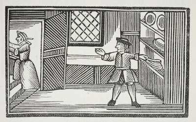 Han gikk til spiskammeret og forsynte seg med brød og smør, illustrasjon fra Chap-books of the Eighteenth Century av John Ashton, pub. 1882 av English School