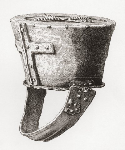 Hjelm, fra Castle Pomeroy, England, fra ca. 1100-tallet, fra The British Army: Its Origins, Progress and Equipment, utgitt 1868. av English School