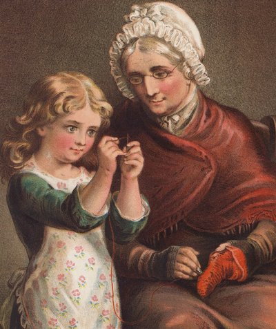 Hjelper bestemor (fargelitografi) av English School