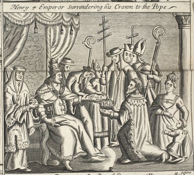 Henry 4-keiseren overgir sin krone til paven, illustrasjon fra Acts and Monuments av John Foxe, niende utgave, pub. 1684 av English School