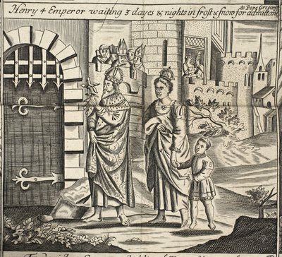 Henry 4-keiser som venter 3 dager og netter i frost og snø på adgang til pave Gregory, illustrasjon fra Acts and Monuments av John Foxe, niende utgave, pub. 1684 av English School