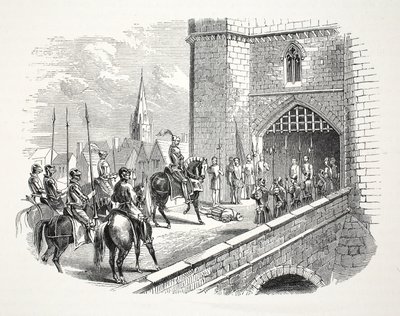 Henry Earl of Richmonds (etterpå Henry VII) inngang til Shrewsbury over Mayors-kroppen, pub. 1800-tallet (stålgravering) av English School