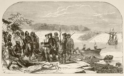 Henry Hudson tilbyr brennevin til indianerne i 1609 (litho) av English School