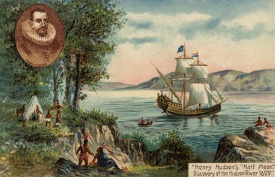 Henry Hudsons skip Half Moon oppdager Hudsonelven i Nord-Amerika av English School