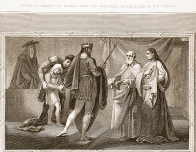 Henry IV forplikter prins James av Skottland, til omsorgen for sine lærere, illustrasjon fra David Humes The History of England, pub. av R. Bowyer, London, 1812 av English School