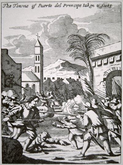 Henry Morgan fanger og plyndrer byen Puerto de Principe, Cuba, i 1668, illustrasjon fra 'The Buccaneers of America' av John Esquemeling, utgitt 1699 (gravering) av English School