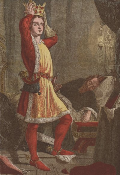 Henry, Prince of Wales, den fremtidige kong Henry V, prøver på sin fars krone (chromolitho) av English School