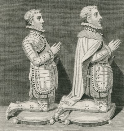Henry Stuart, Lord Darnley og broren Charles Stuart, jarl av Lennox, kneler foran morens grav i Westminster Abbey, gravert av Andrew Birrell, 1796 av English School