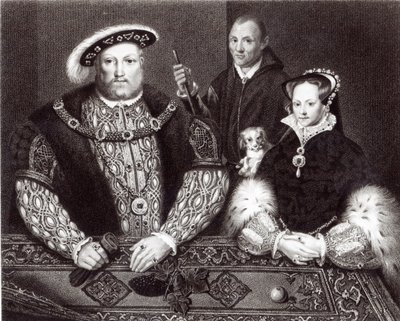 Henry VIII, hans datter Queen Mary og Will Somers, etter et oljemaleri fra 1500-tallet, malt posthumt, 1821 av English School