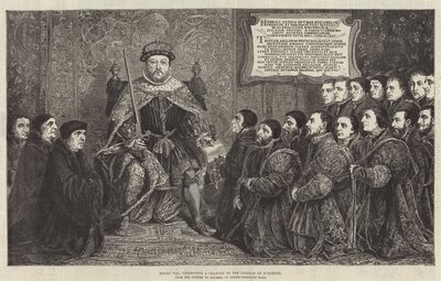 Henry VIII presenterer et charter til College of Surgeons (gravering) av English School