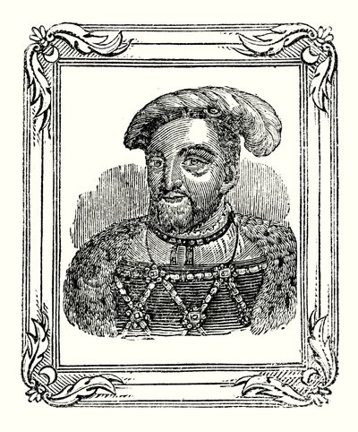 Henrik VIII ble født i 1490, kronet i 1509, døde i 1547 (gravering) av English School