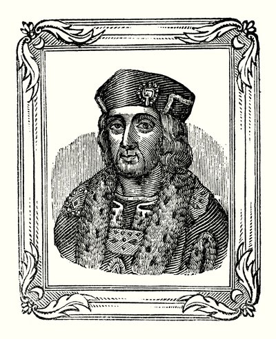 Henry VII ble født i 1457, kronet i 1485 og døde i 1509 (gravering) av English School