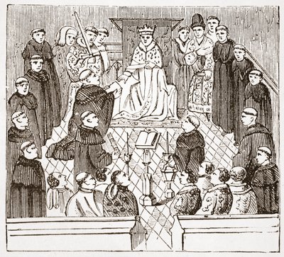 Henry V og hans parlament (fra Harleian MMS ved British Museum), illustrasjon fra The History of Protestantism av James Aitken Wylie (1808-1890), pub. 1878 av English School