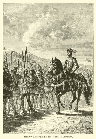 Henry V gjennomgikk troppene sine før Agincourt av English School