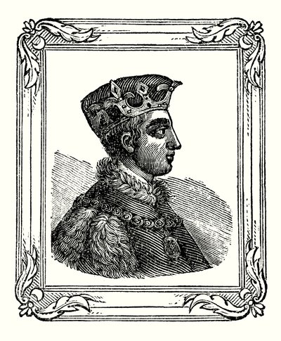 Henry V ble født i 1388, kronet i 1413 og døde i 1422 (gravering) av English School