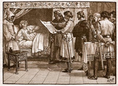 Henry mottar nyheten om Johns forræderi, illustrasjon fra Cassells Illustrated History of England (sepia-bilde) av English School