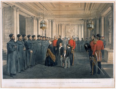 Hennes Majestet Dronning Victoria (1819-1901) og H.R.H Prince Albert (1819-61) inspiserte de sårede soldatene fra Grenadier Guards ved Buckingham Palace, 1855 av English School