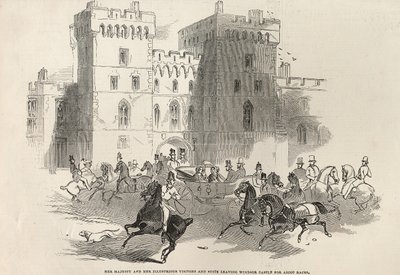 Hennes Majestet og hennes illustrerte besøkende og suite forlater Windsor Castle for Ascot Races, fra 'The Illustrated London News', 14. juni 1845 av English School