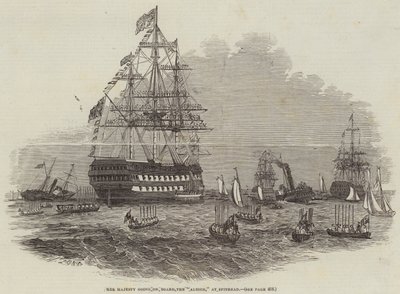 Hennes Majestet går ombord på "Albion" ved Spithead (gravering) av English School