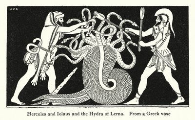 Hercules og Iolaus og Hydraen til Lerna (litho) av English School