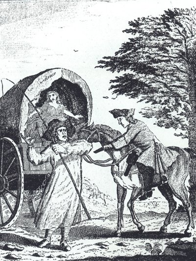 Highwayman John Cottington raner en hærlønnsvogn på Shotover Hill (gravering) av English School