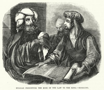 Hilkiah presenterer lovens bok til kongen, Guercino (gravering) av English School