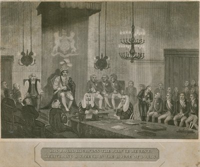 Hans Kongelige Høyhet Prins Regent holder en tale i Overhuset av English School