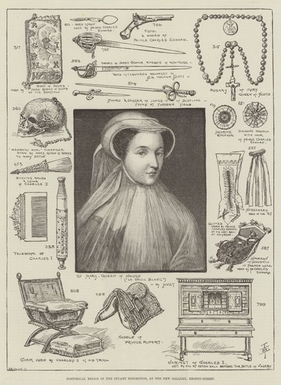 Historiske relikvier i Stuart-utstillingen, på New Gallery, Regent-Street (gravering) av English School