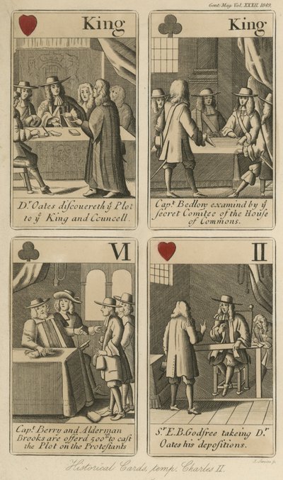 Historiske spillkort som forteller historien om kong Charles II av English School
