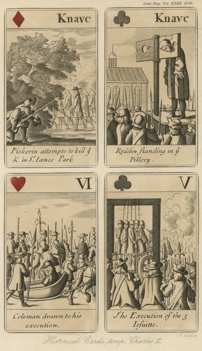 Historiske spillkort som forteller historien om kong Charles II av English School