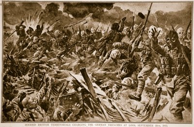 Britiske territoriale med hette lader de tyske skyttergravene ved Loos, 25. september 1915, 1914-19 av English School