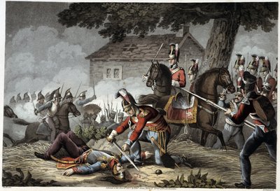 Hestevakten på slagmarken ved Waterloo i «Historiske, militære og marine anekdoter og hendelser som nådde de britiske hærene og deres allierte, og endte ved Waterloo» av Edward Orme. Illustrasjoner av Fry, Sutherland, Clark, Dubourg, W. Heart, JA, Atkinson av English School