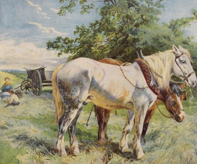 Hester som tar en pause fra arbeidet på en gård (farge litho) av English School