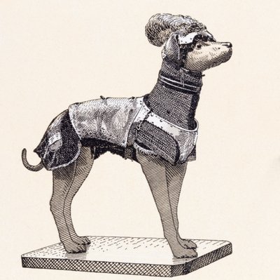 Hund i kroppsrustning (farget gravering) av English School