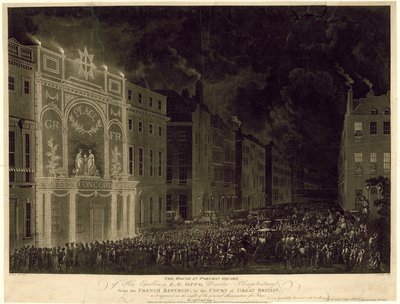 Hus på Portman Square til den franske ambassadøren, opplyst for å feire freden, 29. april 1802 av English School