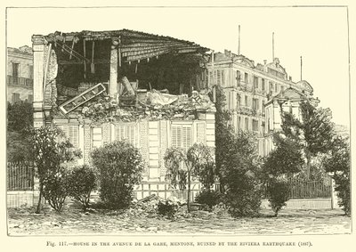 Hus i Avenue de la Gare, Mentone, ødelagt av jordskjelvet på Riviera, 1887 av English School