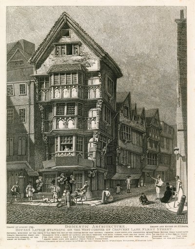 Hus nylig stående på det vestlige hjørnet av Chancery Lane, Fleet Street, London av English School