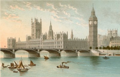 Houses of Parliament og Westminster Bridge av English School