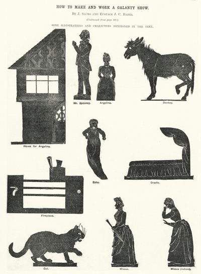 Hvordan lage og jobbe et Galanty Show, av J Sachs og Eustace J C Baird (gravering) av English School