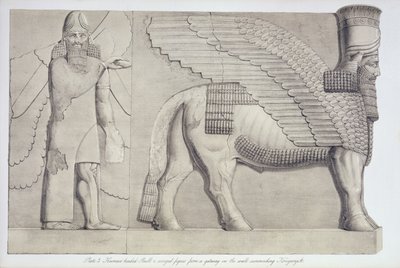 Okse med menneskehode og bevinget figur fra en port på veggen rundt Koujunjik, plate 3 fra Nineveh and its Remains av Austen Henry Layard (1817-94) publisert 1849 av English School