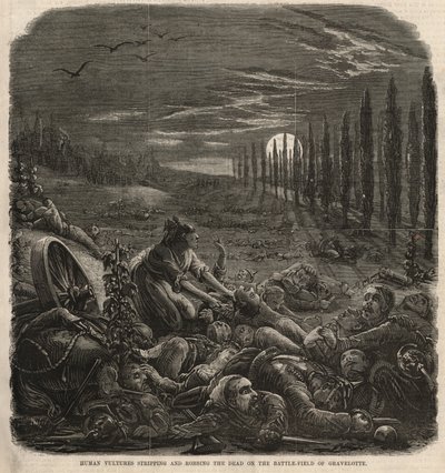 Menneskegribber som klekker av og raner de døde på slagmarken ved Gravelotte (gravering) av English School
