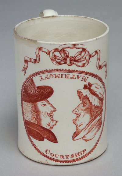 Humoristisk krus dekorert med vendbare hoder av en mann og kvinne, ca. 1780 (kremvare) av English School