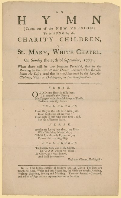 Salme som skal synges av veldedighetsbarna til St Mary av English School