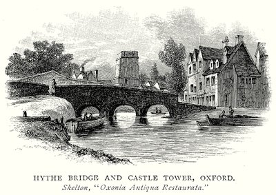 Hythe Bridge og Castle Tower, Oxford (gravering) av English School