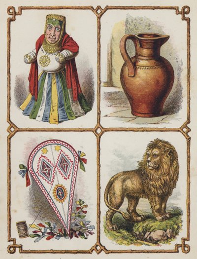 Idol, mugge, drage, løve (fargelitografi) av English School