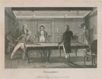Illustrasjon som viser en gruppe menn som spiller biljard av English School